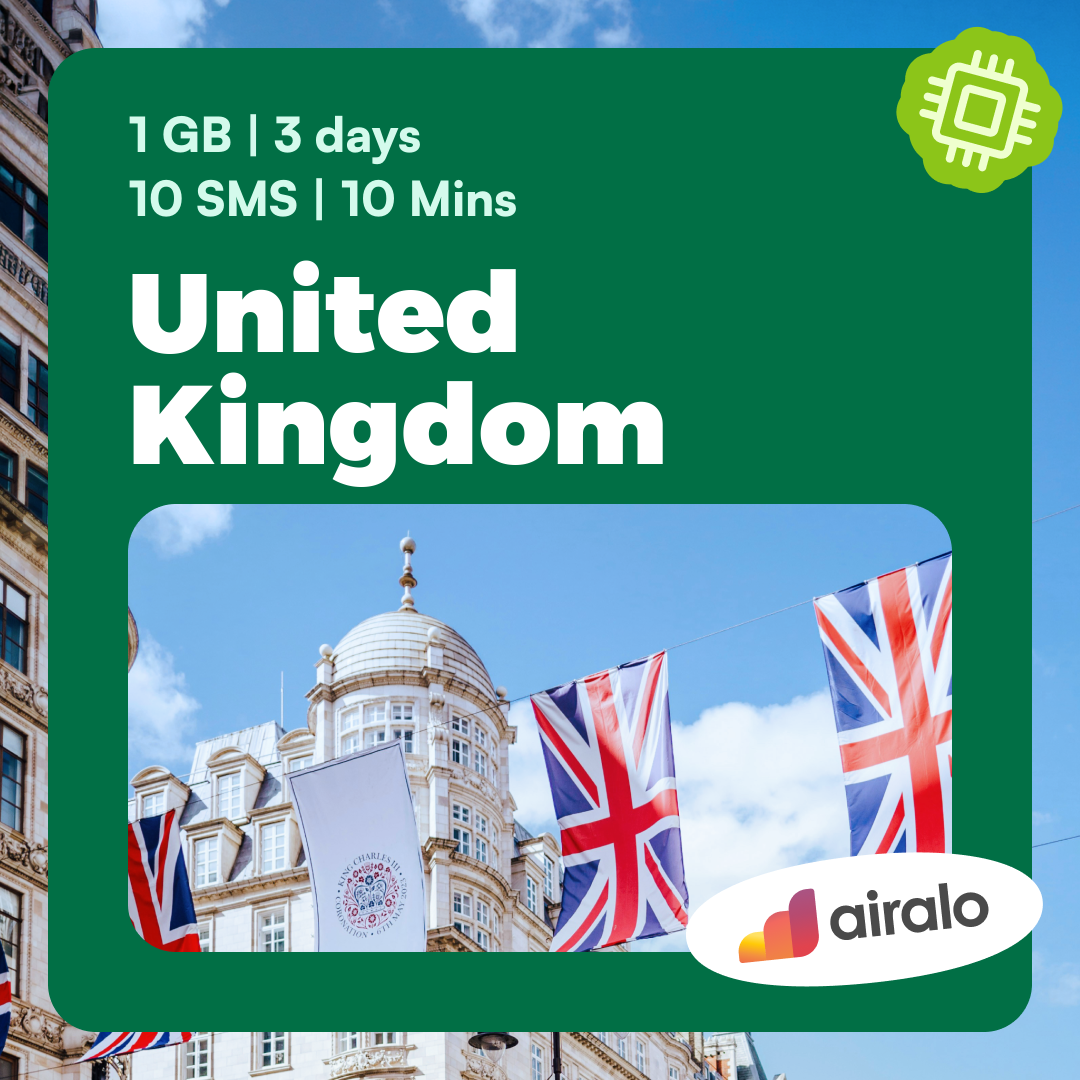 United Kingdom travel eSIM | 1 GB, 10 mins of local calls, 10 SMS valid for 3 days