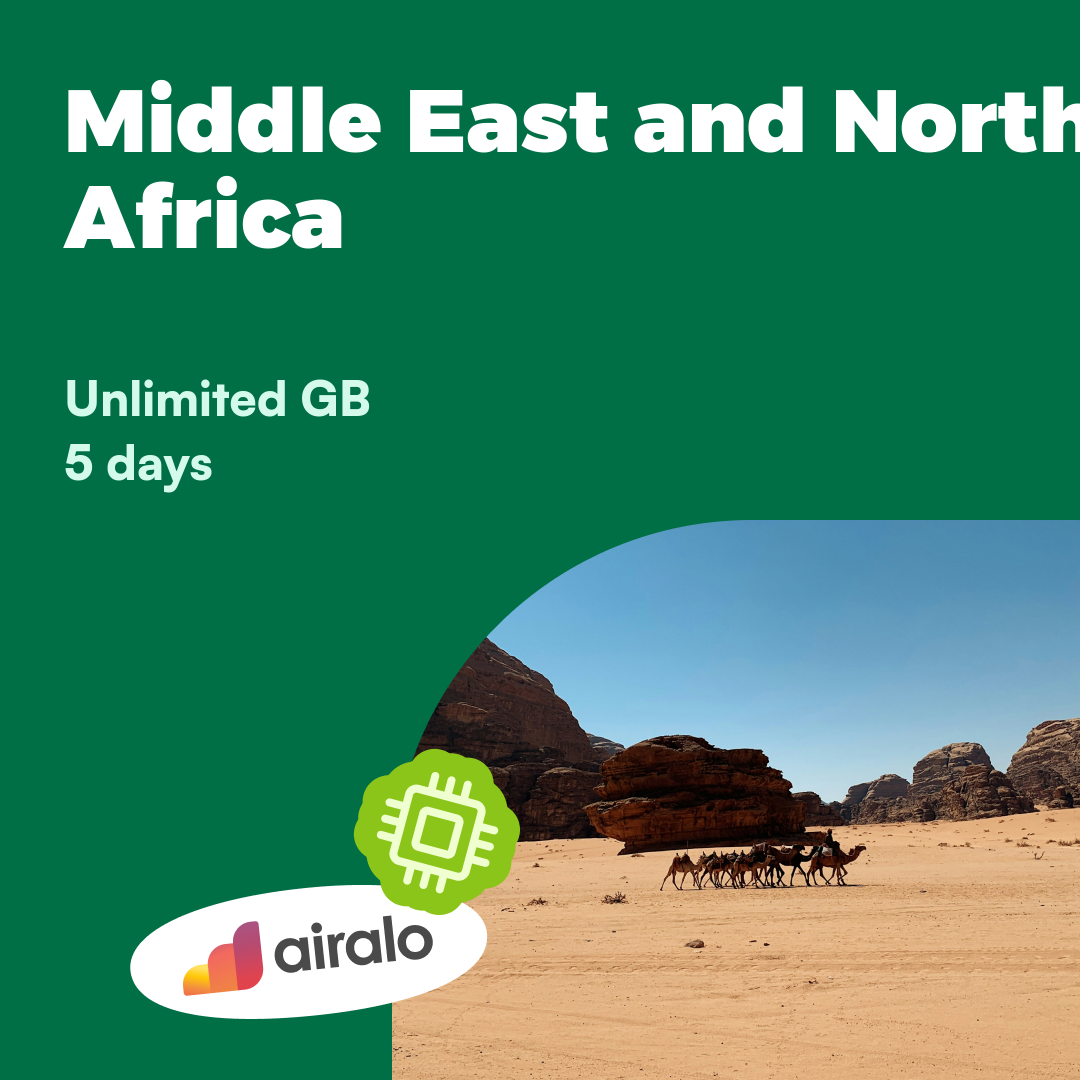 Unlimited GB Middle East and North Africa travel eSIM valid for 5 days in 13 countries