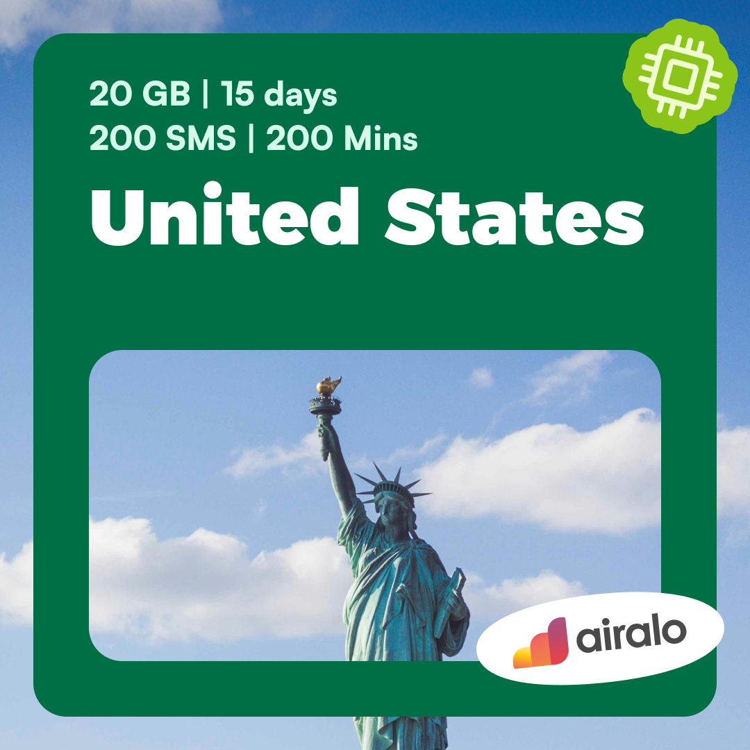 United States travel eSIM | 20 GB, 200 mins of local calls, 200 SMS valid for 15 days