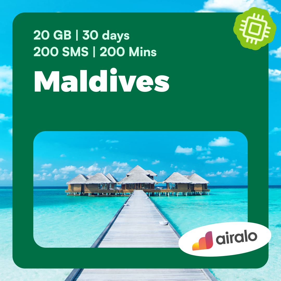 Maldives travel eSIM | 20 GB, 200 mins of local calls, 200 SMS valid for 30 days