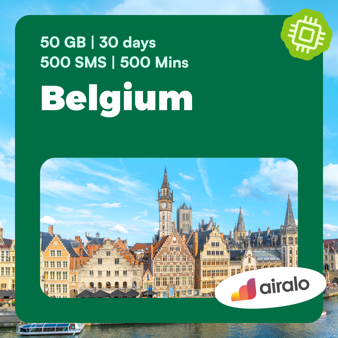 Belgium travel eSIM | 50 GB, 500 mins of local calls, 500 SMS valid for 30 days