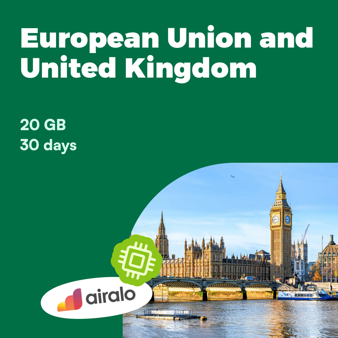 20 GB European Union and United Kingdom travel eSIM valid for 30 days in 28 countries