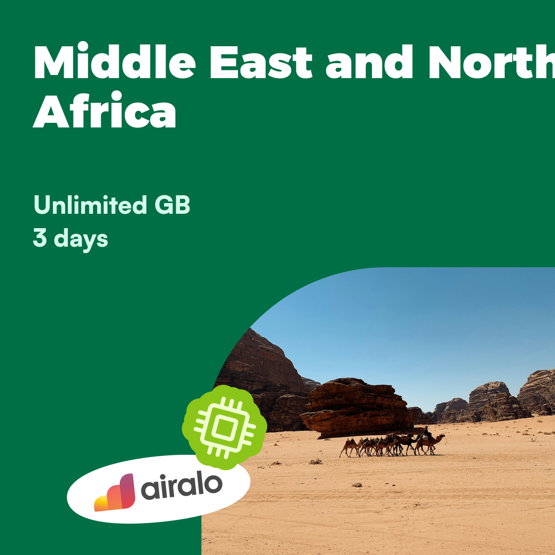 Unlimited GB Middle East and North Africa travel eSIM valid for 3 days in 13 countries