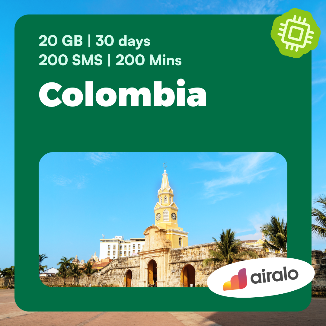 Colombia travel eSIM | 20 GB, 200 mins of local calls, 200 SMS valid for 30 days