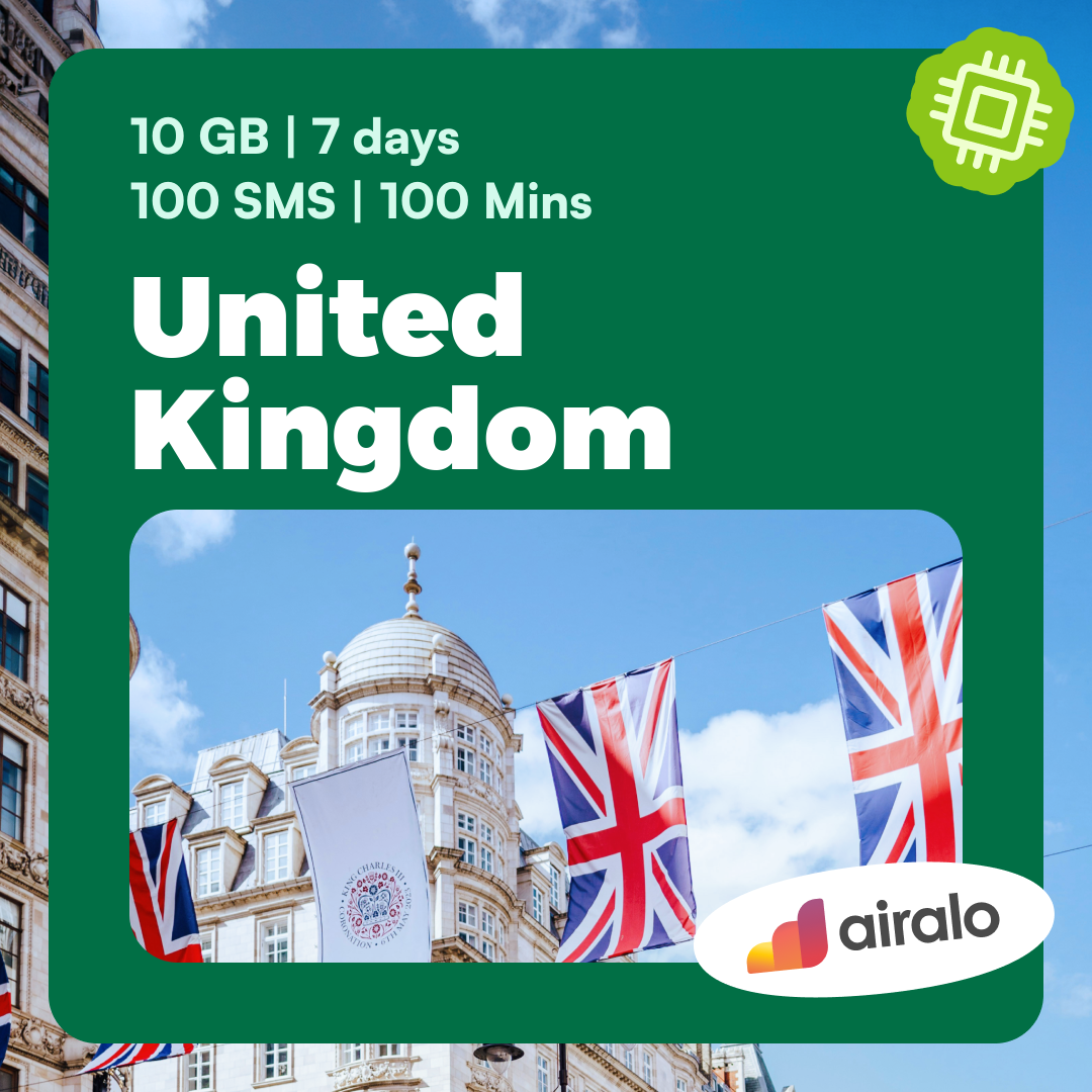 United Kingdom travel eSIM | 10 GB, 100 mins of local calls, 100 SMS valid for 7 days