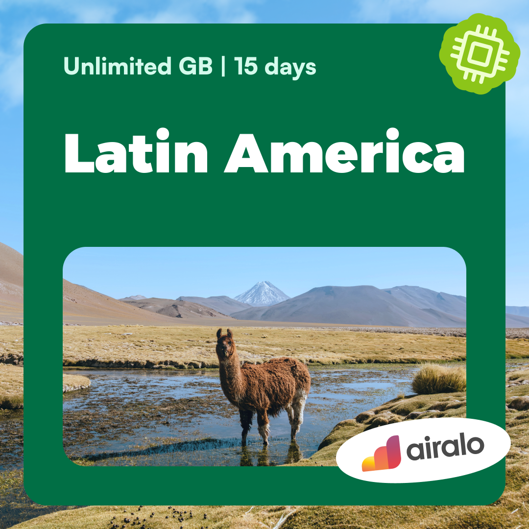 Unlimited GB Latin America travel eSIM valid for 15 days in 17 countries