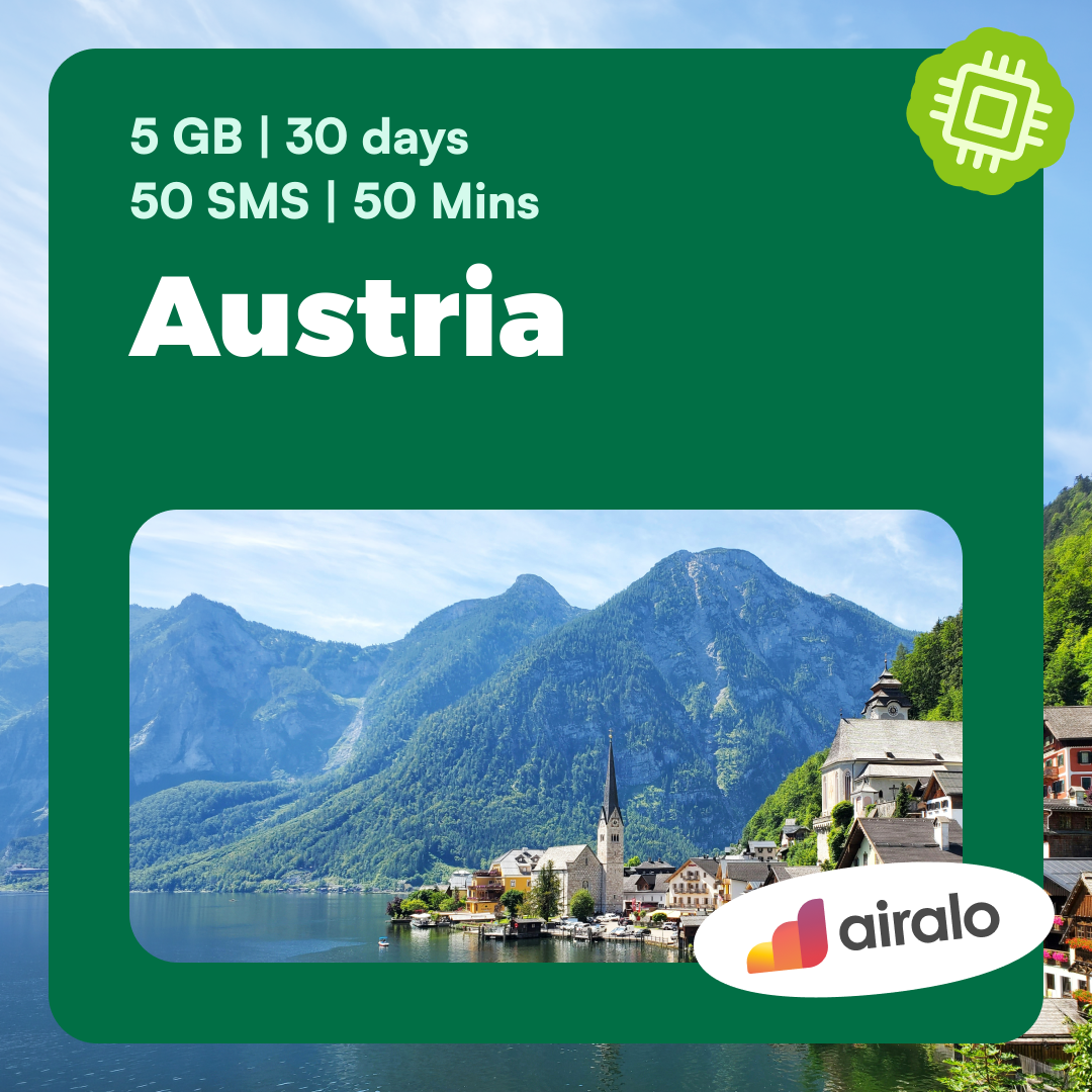 Austria travel eSIM | 5 GB, 50 mins of local calls, 50 SMS valid for 30 days