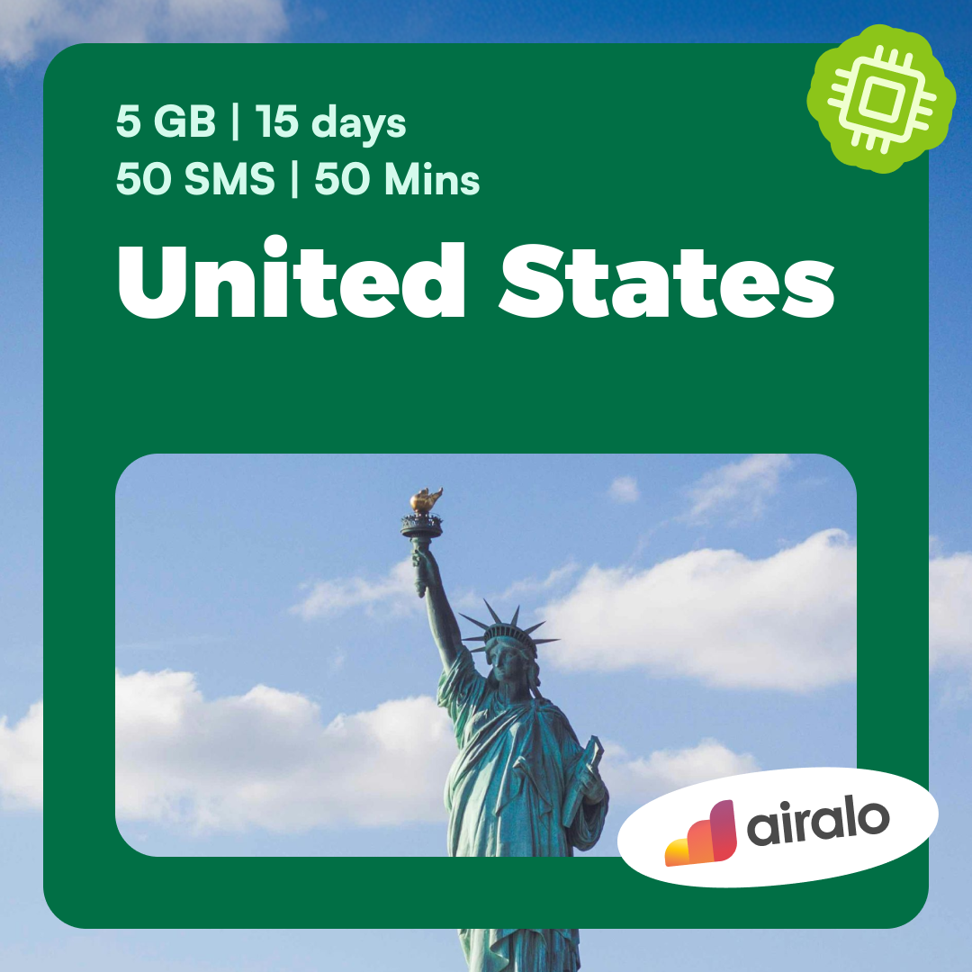 United States travel eSIM | 5 GB, 50 mins of local calls, 50 SMS valid for 15 days