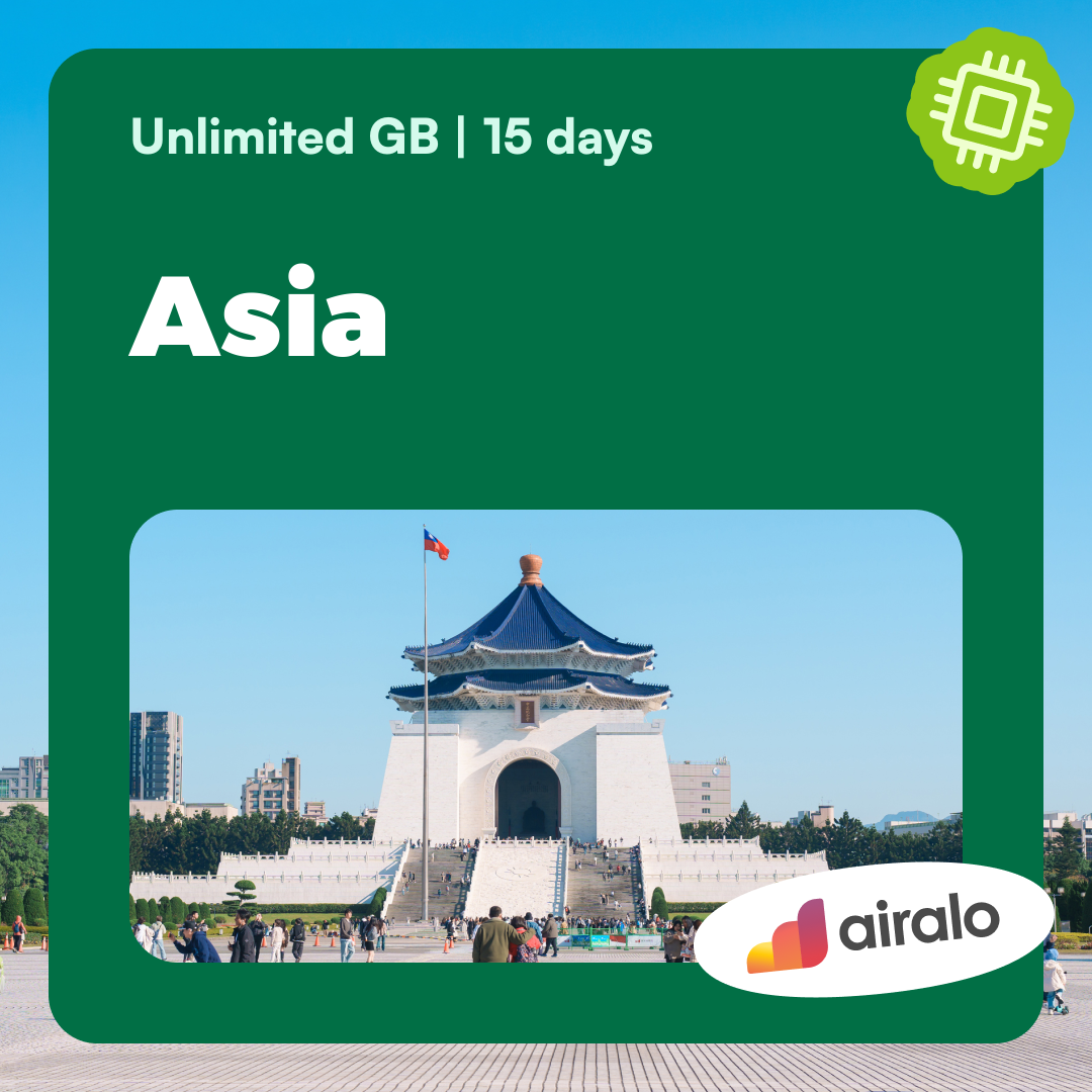 Unlimited GB Asia travel eSIM valid for 15 days in 18 countries