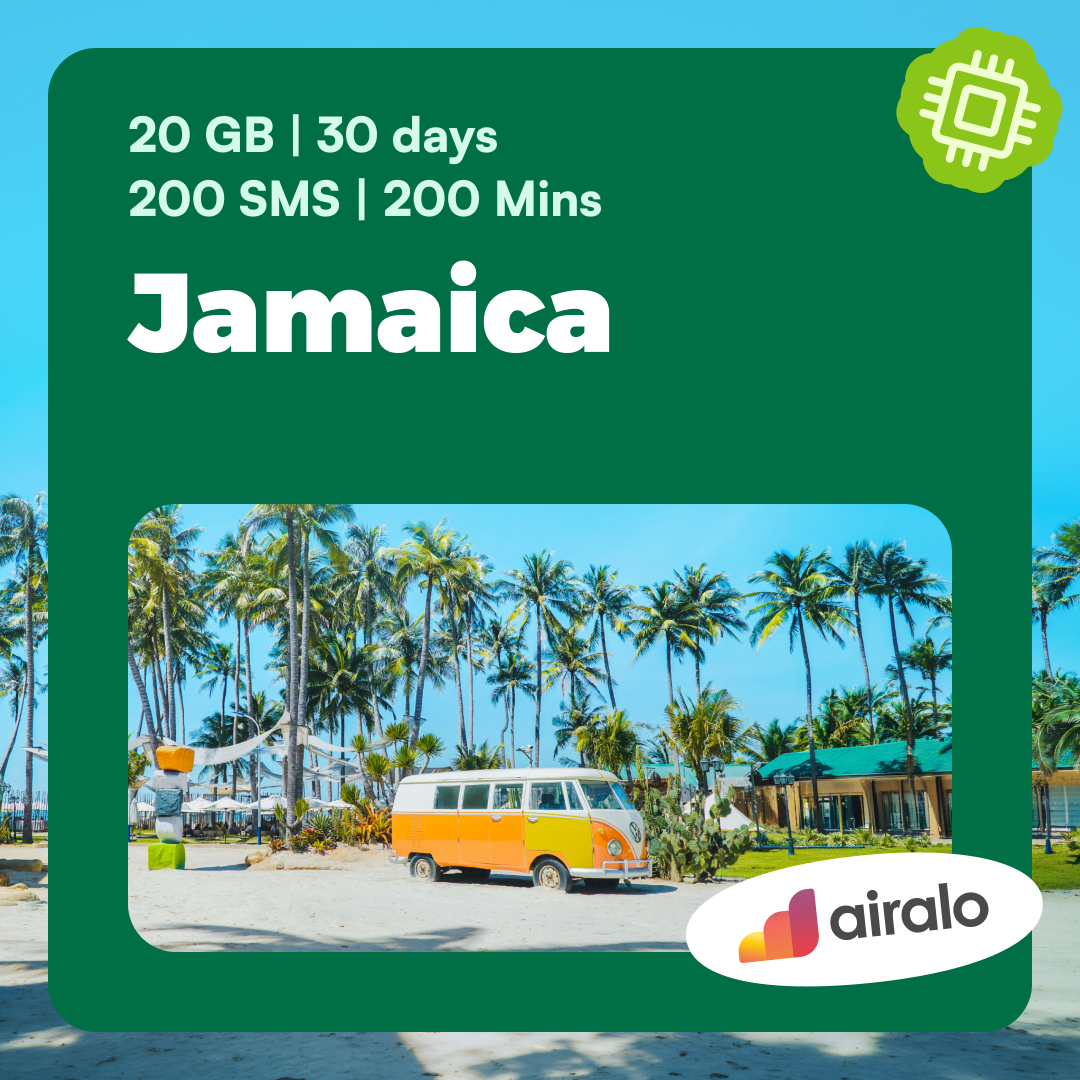 Jamaica travel eSIM | 20 GB, 200 mins of local calls, 200 SMS valid for 30 days