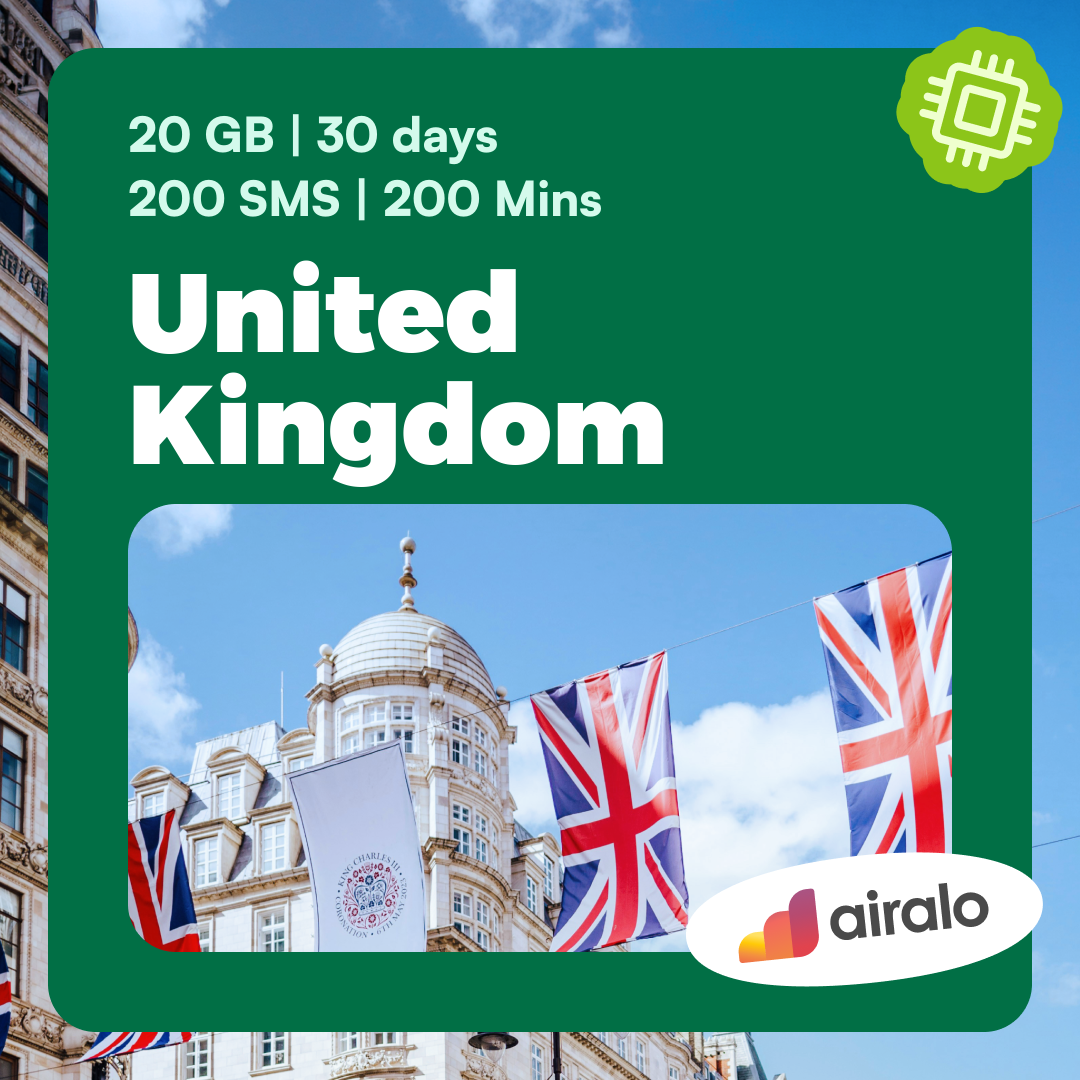 United Kingdom travel eSIM | 20 GB, 200 mins of local calls, 200 SMS valid for 30 days