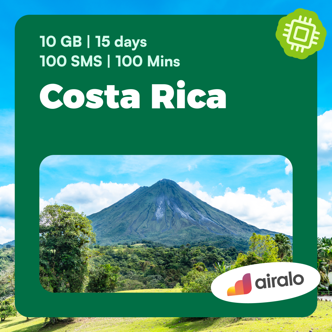 Costa Rica travel eSIM | 10 GB, 100 mins of local calls, 100 SMS valid for 15 days