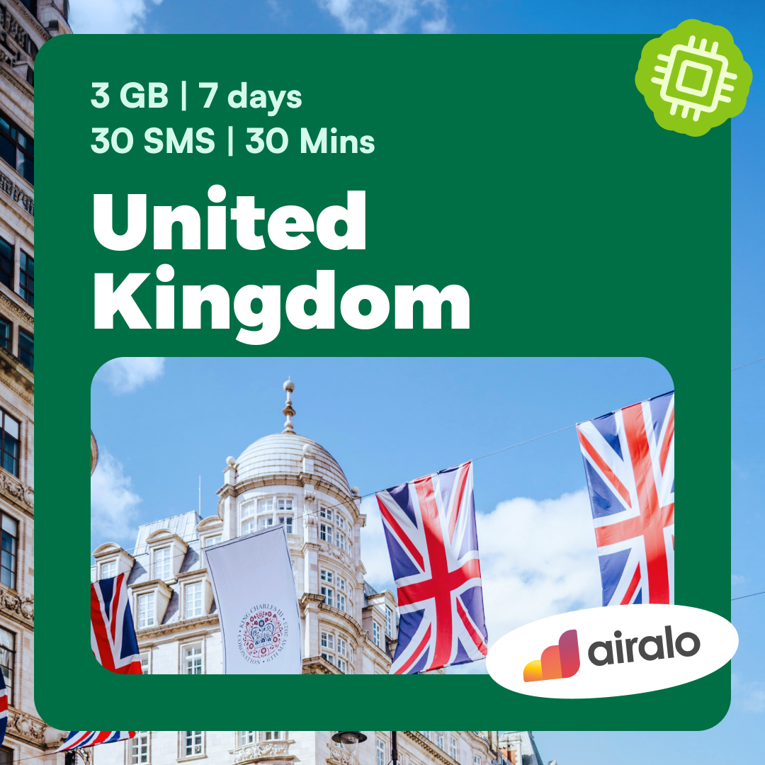 United Kingdom travel eSIM | 3 GB, 30 mins of local calls, 30 SMS valid for 7 days