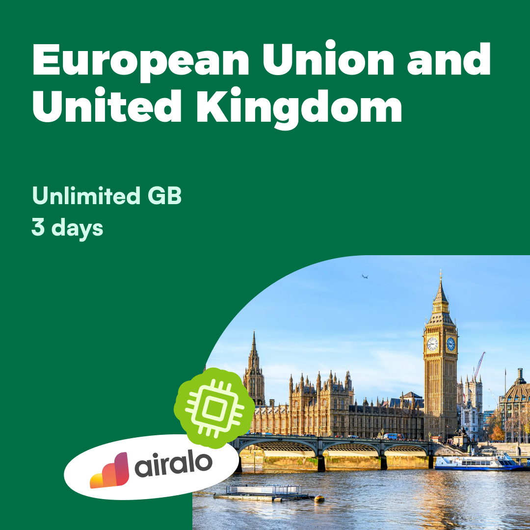Unlimited GB European Union and United Kingdom travel eSIM valid for 3 days in 28 countries