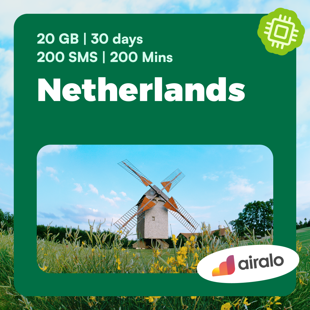 Netherlands travel eSIM | 20 GB, 200 mins of local calls, 200 SMS valid for 30 days