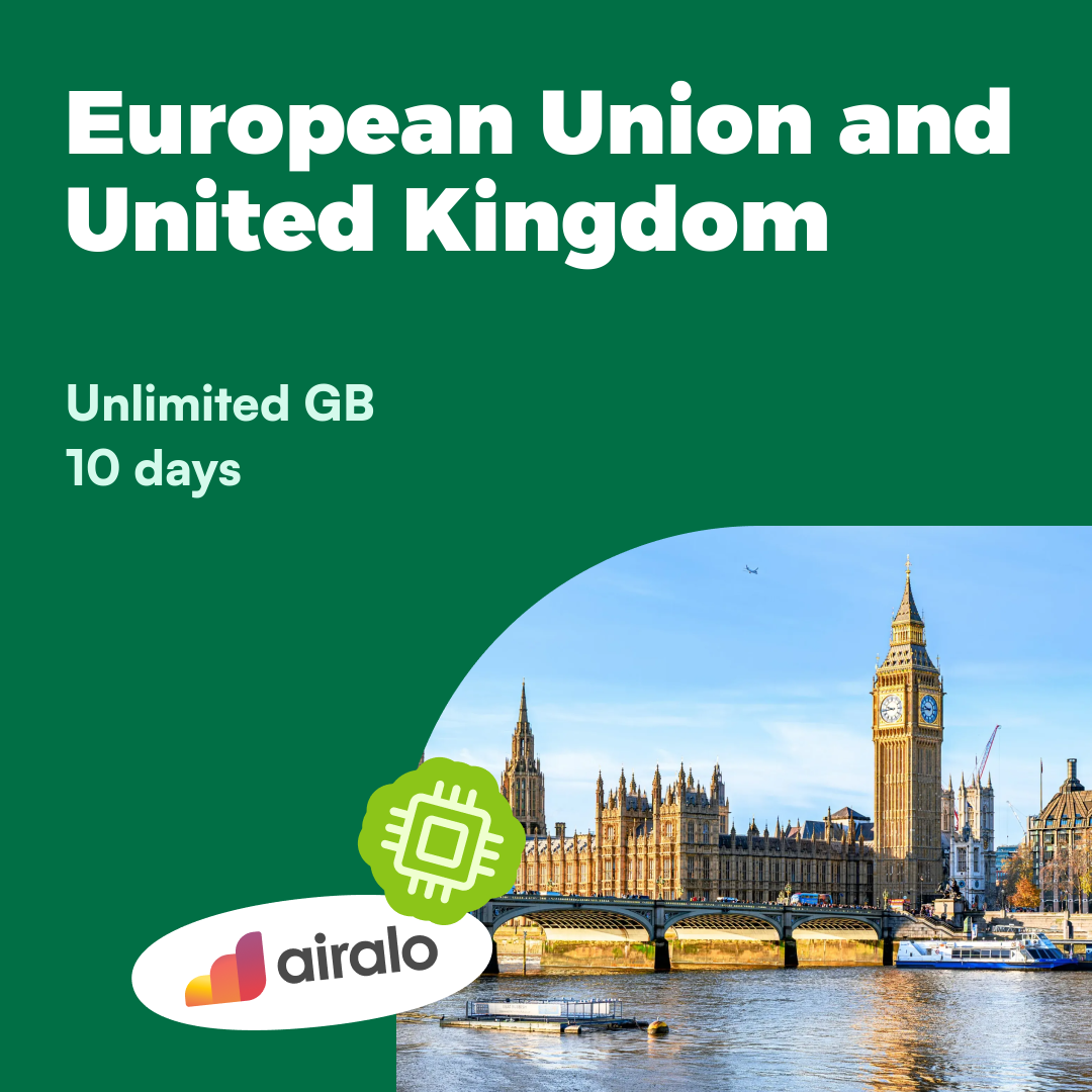Unlimited GB European Union and United Kingdom travel eSIM valid for 10 days in 28 countries