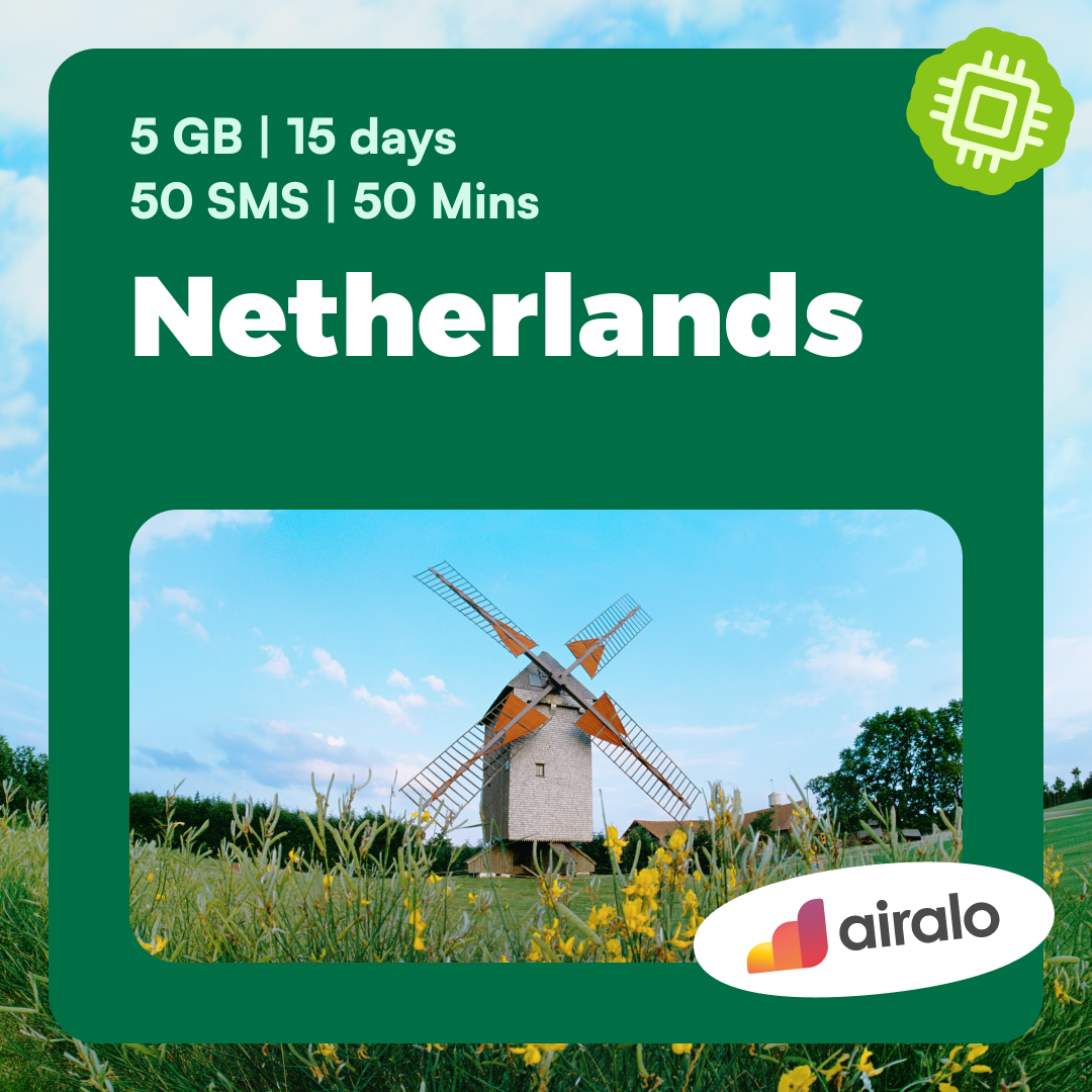 Netherlands travel eSIM | 5 GB, 50 mins of local calls, 50 SMS valid for 15 days