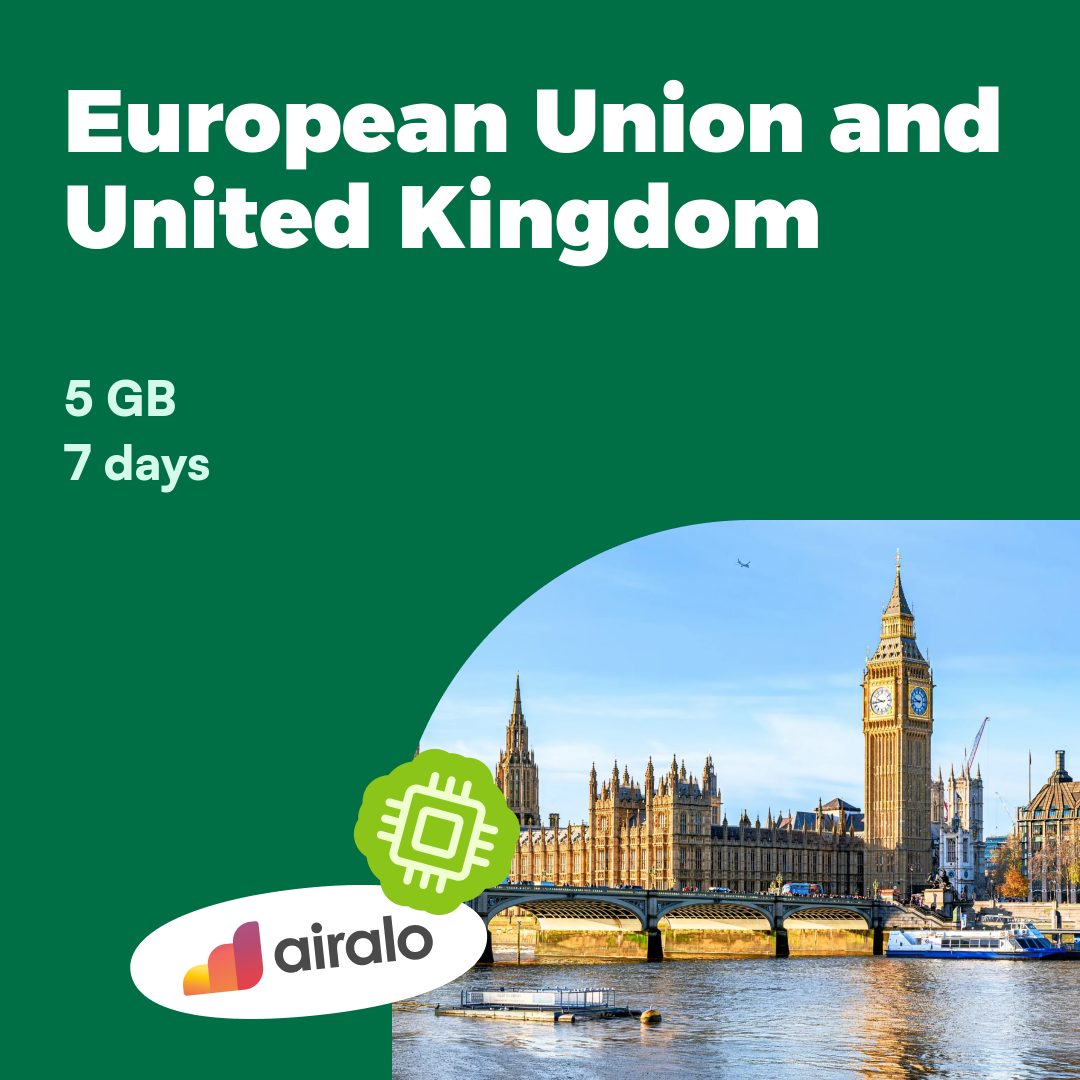 5 GB European Union and United Kingdom travel eSIM valid for 7 days in 28 countries