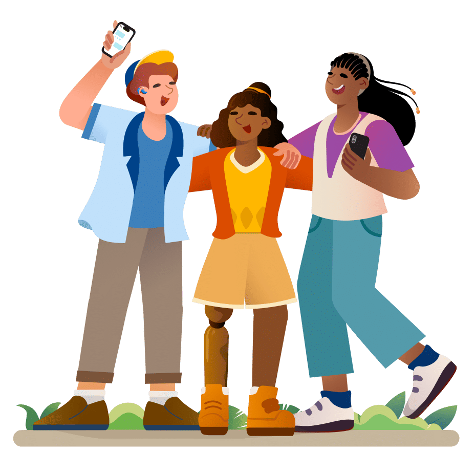 A group of people standing together, wearing various clothing and footwear styles, with some appearing to be in a playful or dancing pose. The scene has a cartoonish vibe.